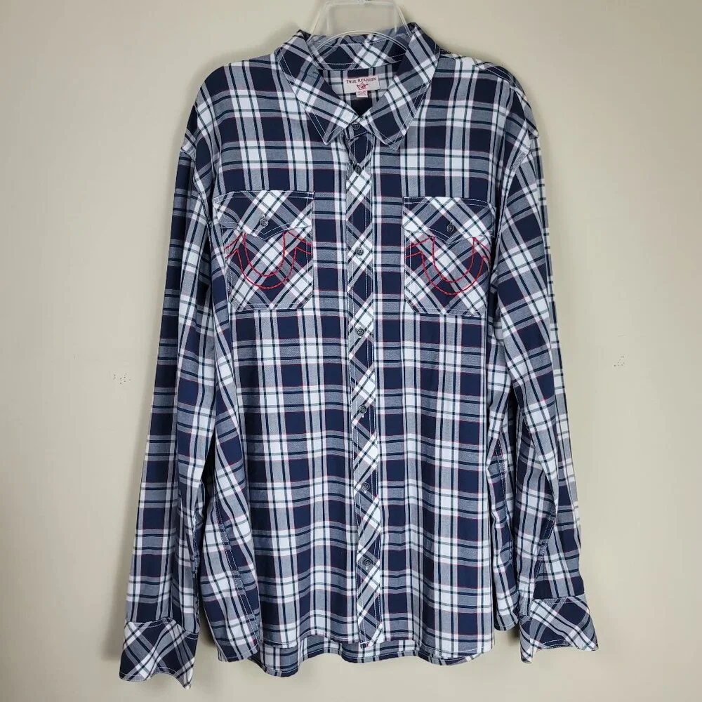 True Religion Plaid Western Shirt 3XL Blue Button Down Logo Pockets